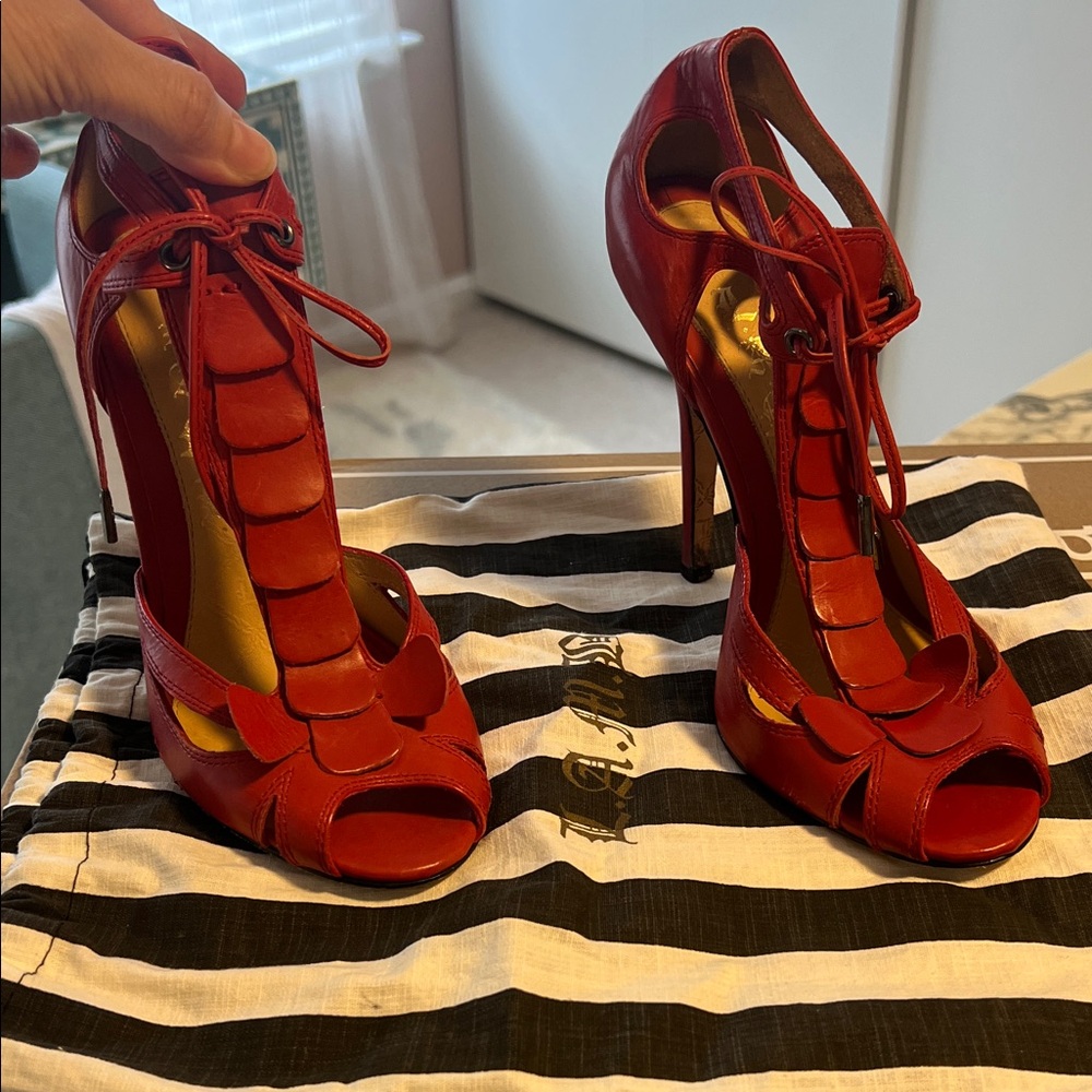 L.A.M.B. Striking Red Lace-Up Heels